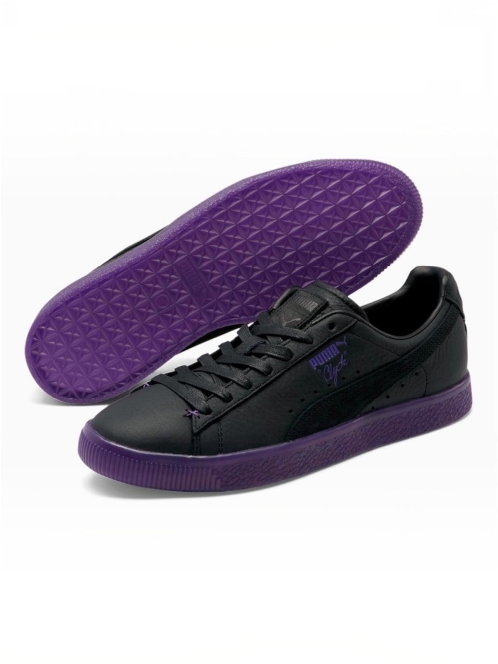 Puma Clyde Black Friday Leather Sneaker Black Prism Violet Sz M’s US 8.5; W’s 10
